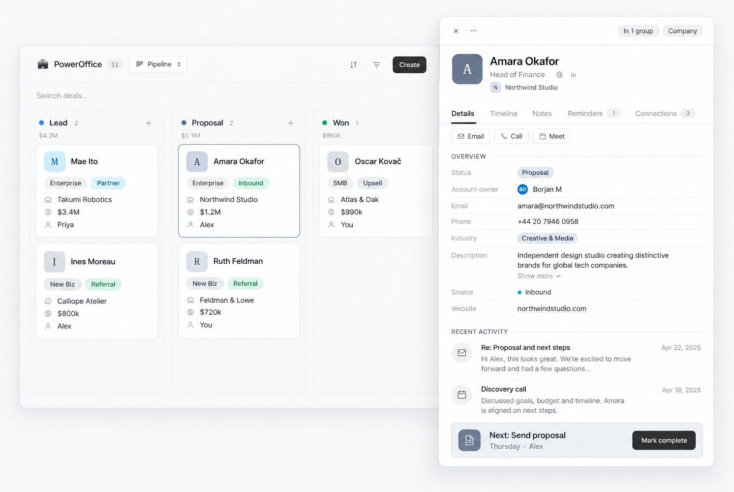 A SoftSync customer record connected to a sales board with clear next steps