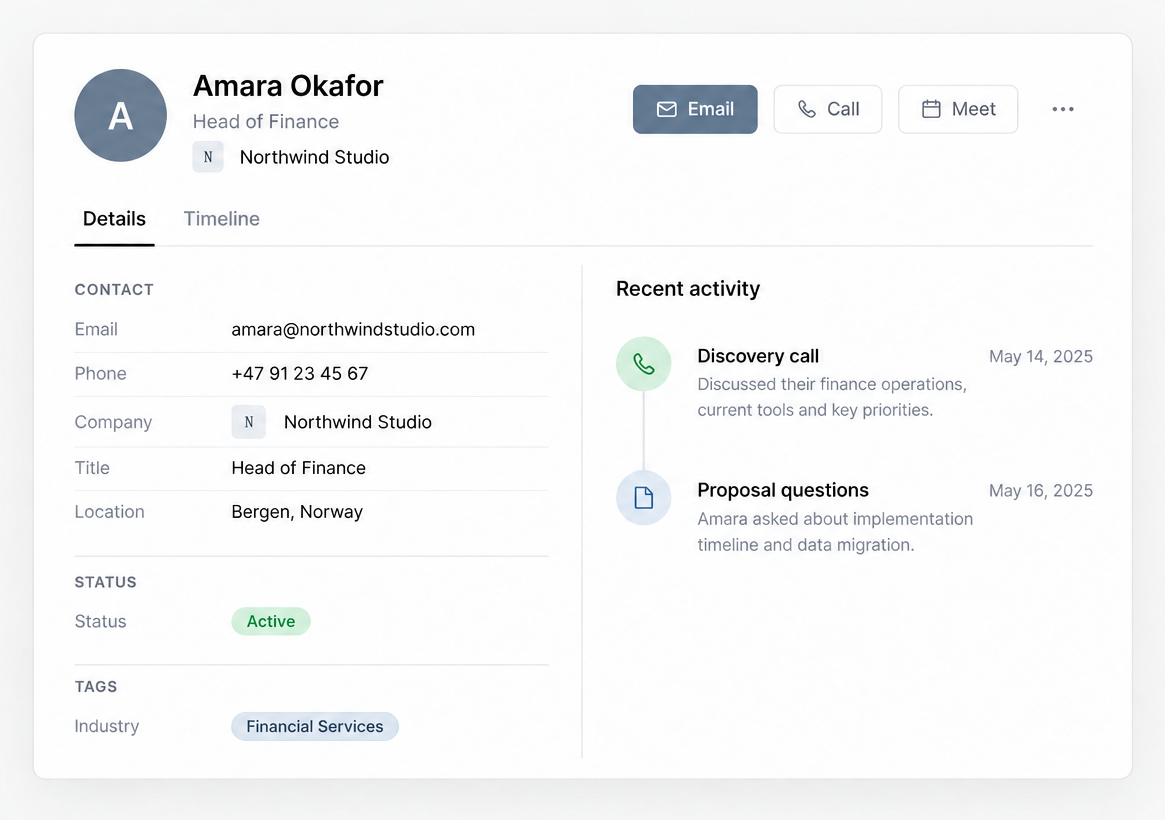 Amara’s customer record with contact details and recent activity