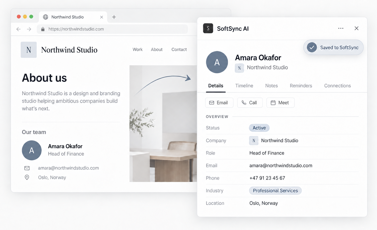 SoftSync Chrome Extension saving a contact and company from a web page