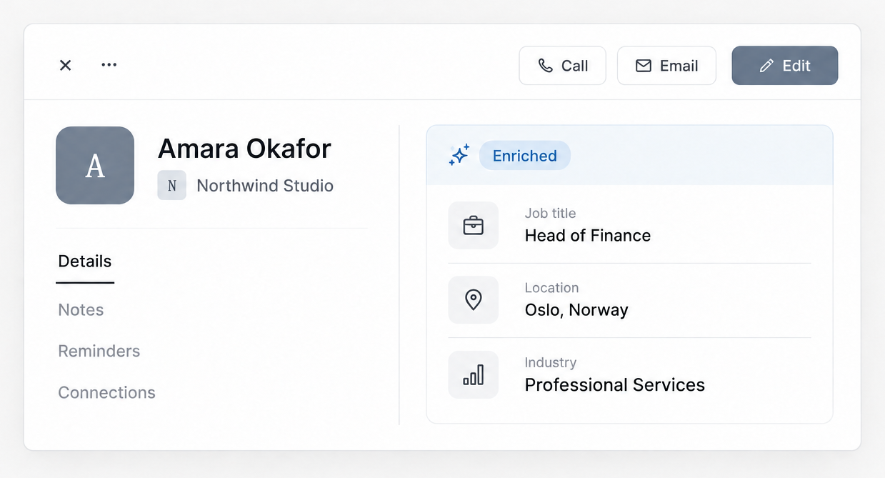 An enriched SoftSync contact record with role and company context