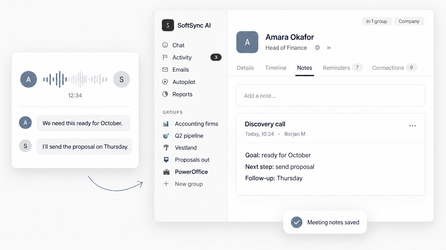 SoftSync desktop meeting assistant turning a call into customer context