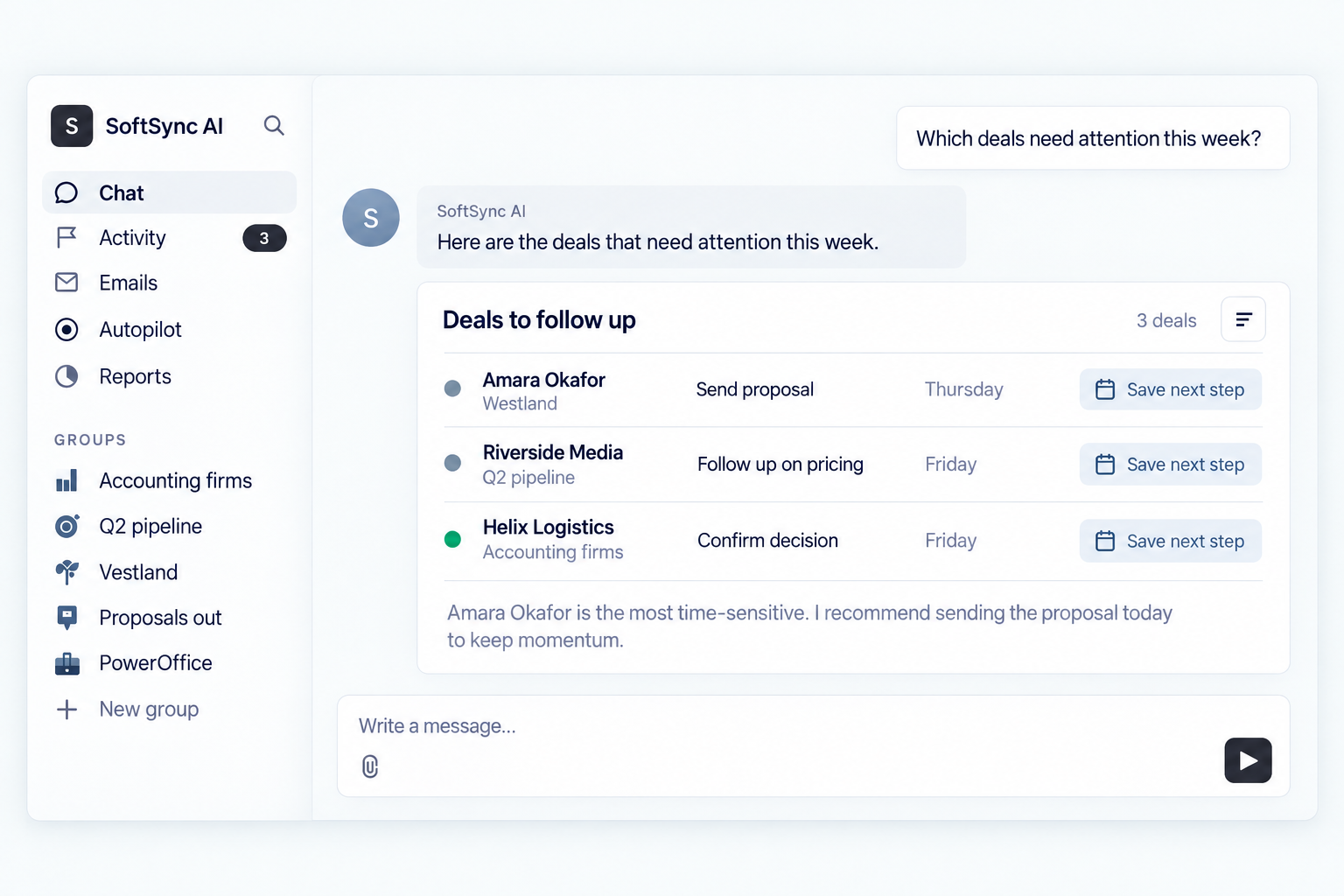 SoftSync AI Assistant answering a sales question with useful customer context