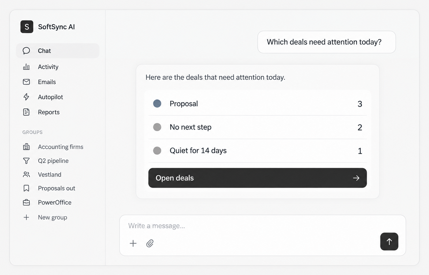 SoftSync AI Assistant listing deals that need attention today
