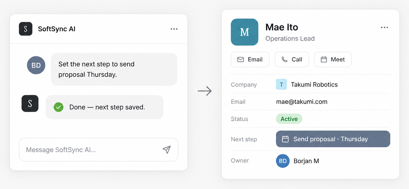 SoftSync AI Assistant saving a next step to a customer record