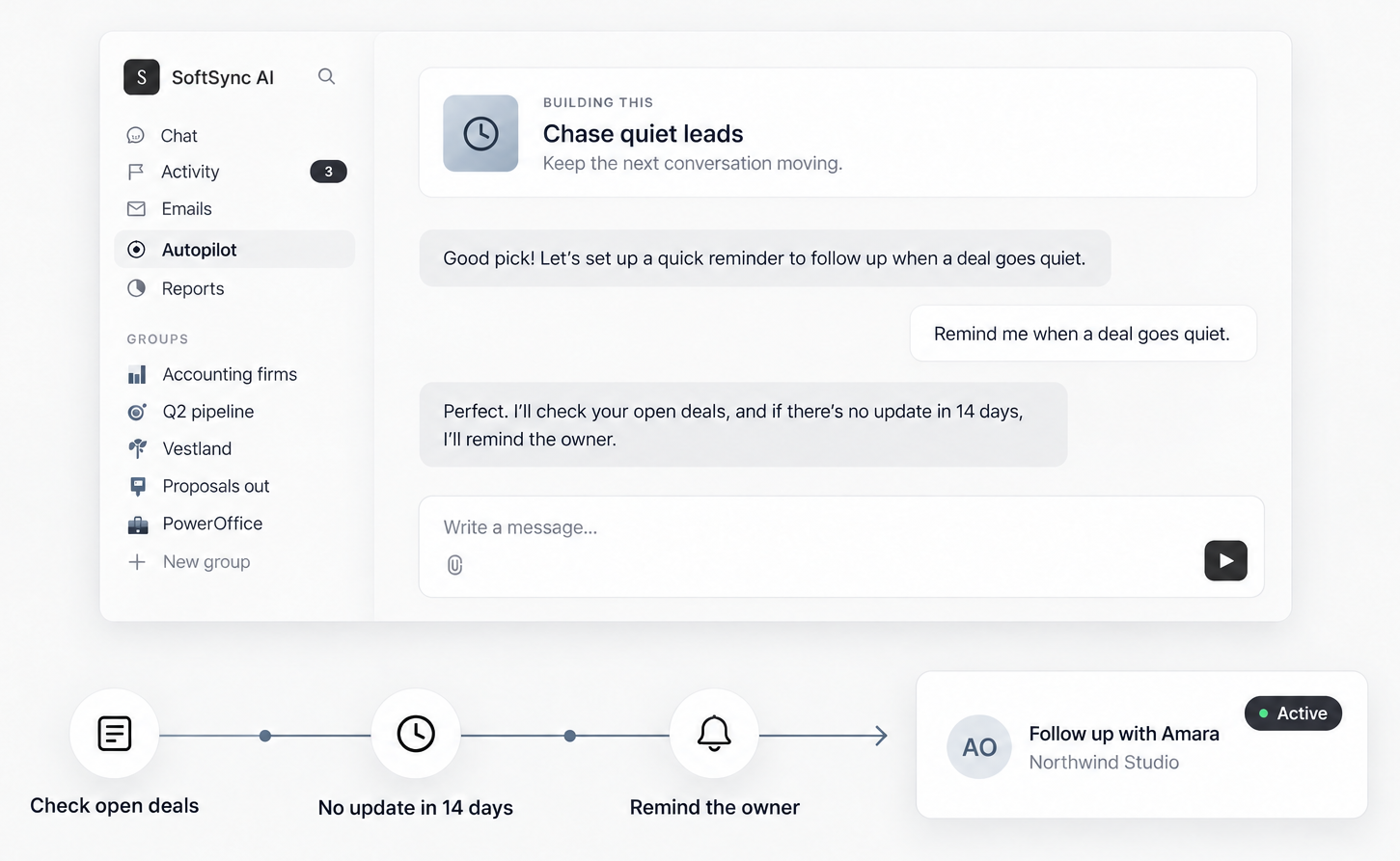SoftSync Autopilot rule checking quiet deals and sending an owner reminder