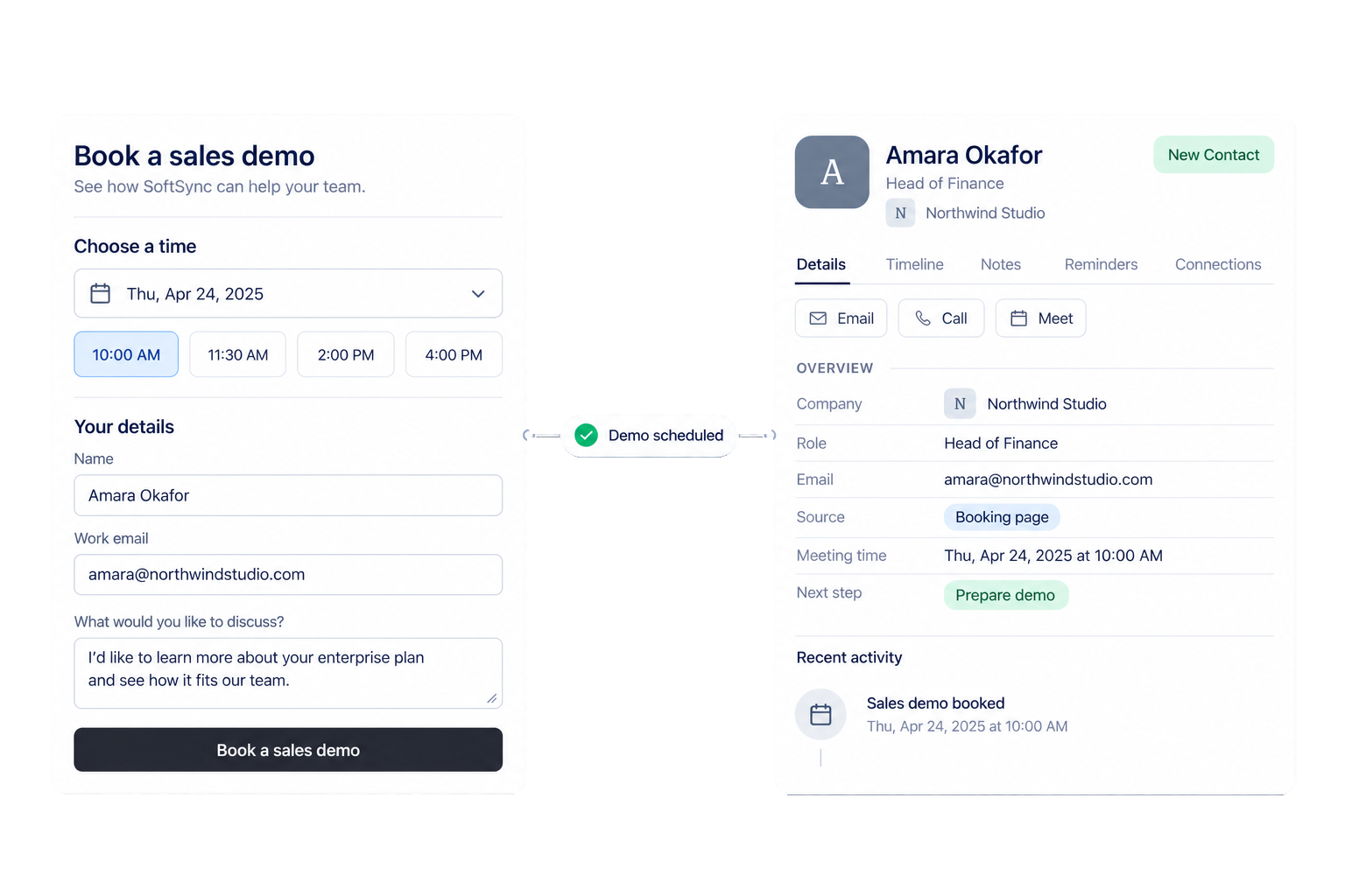 SoftSync booking page turning a sales conversation into a meeting
