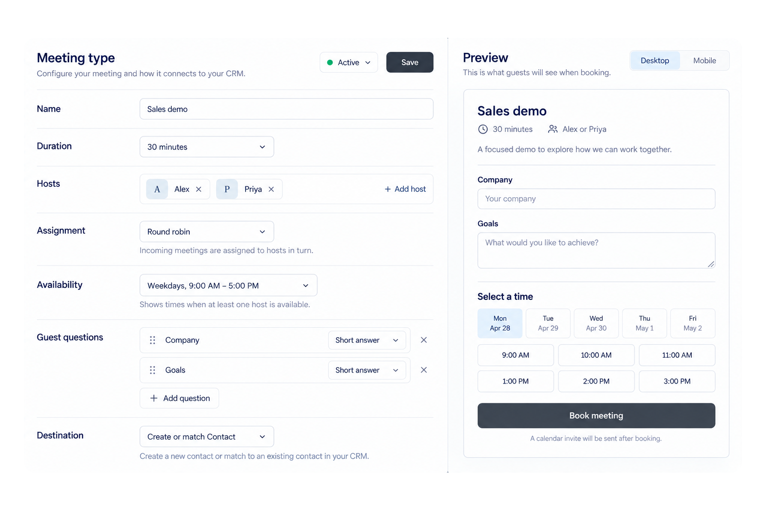 SoftSync meeting type setup with hosts, assignment rule, and guest questions