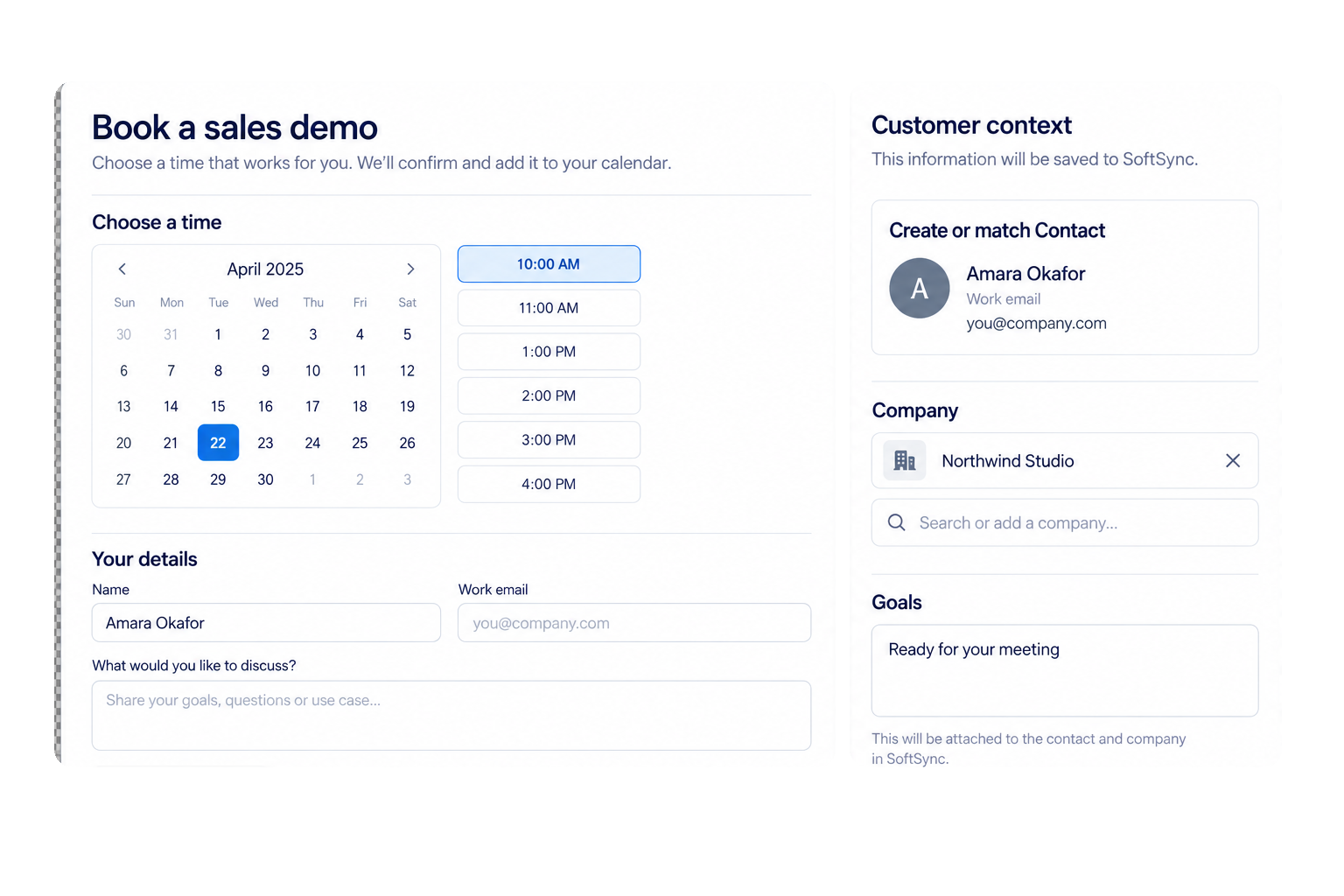 SoftSync booking page collecting a time and sales context from a guest