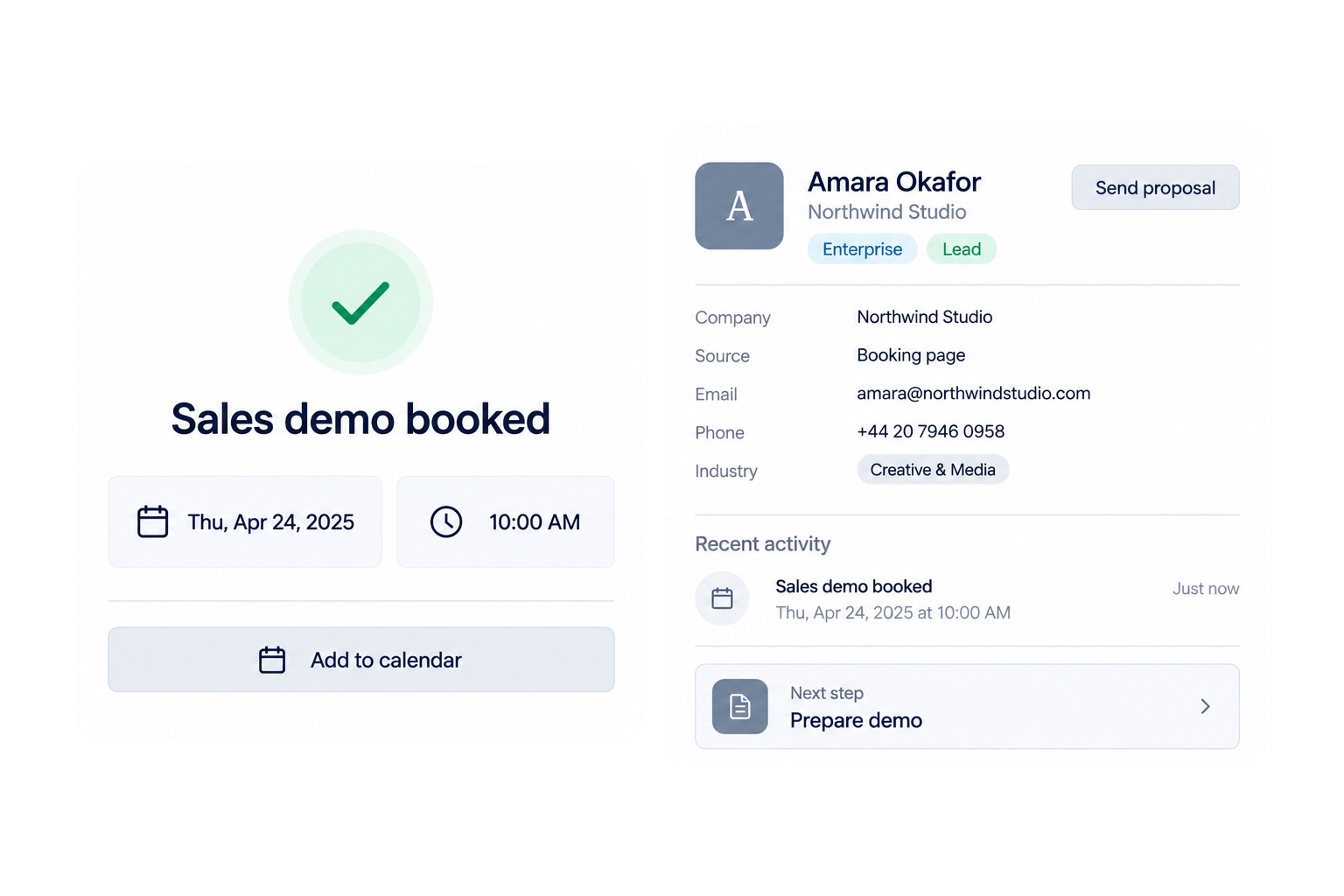 SoftSync booking confirmation showing a new Contact and next step
