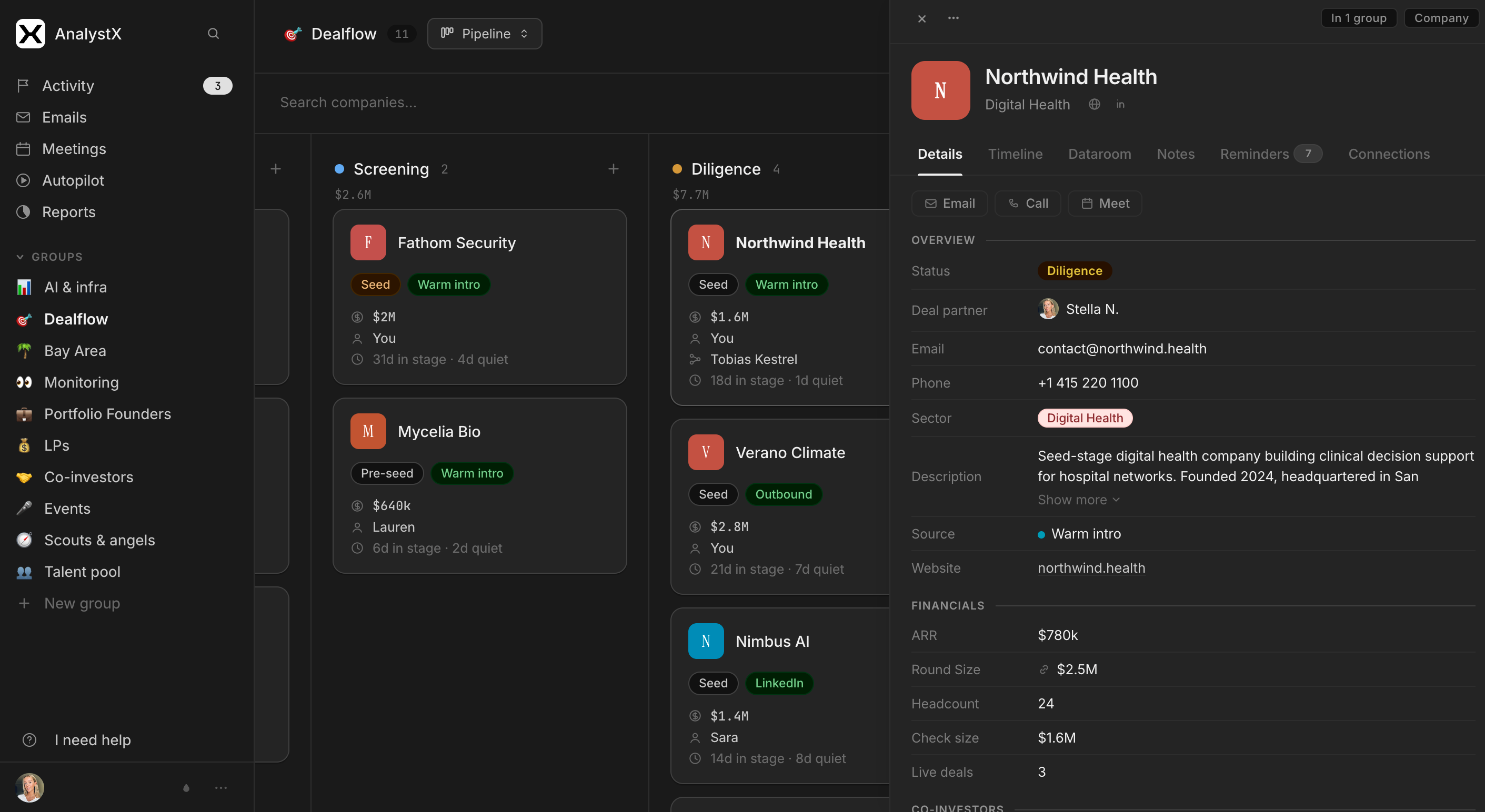 A fund's dealflow pipeline in AnalystX, with a company record open